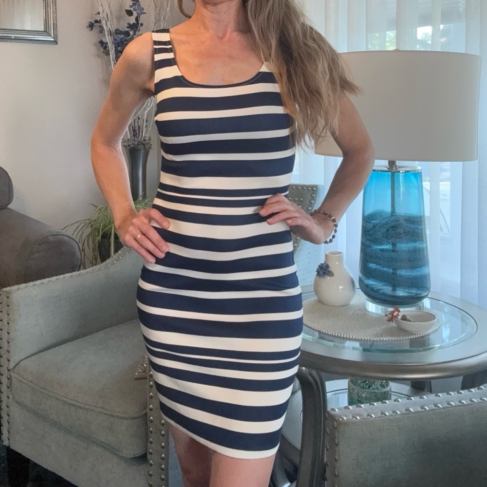 Navy and White Striped Bodycon Dress - S